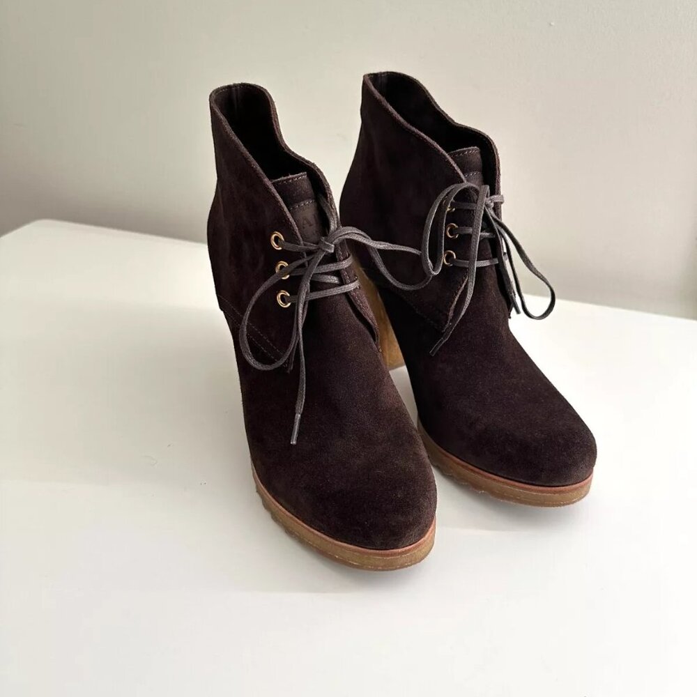 NEW PRADA Brown Suede Lace Up Rubber Heel Ankle Boots Size 38.5